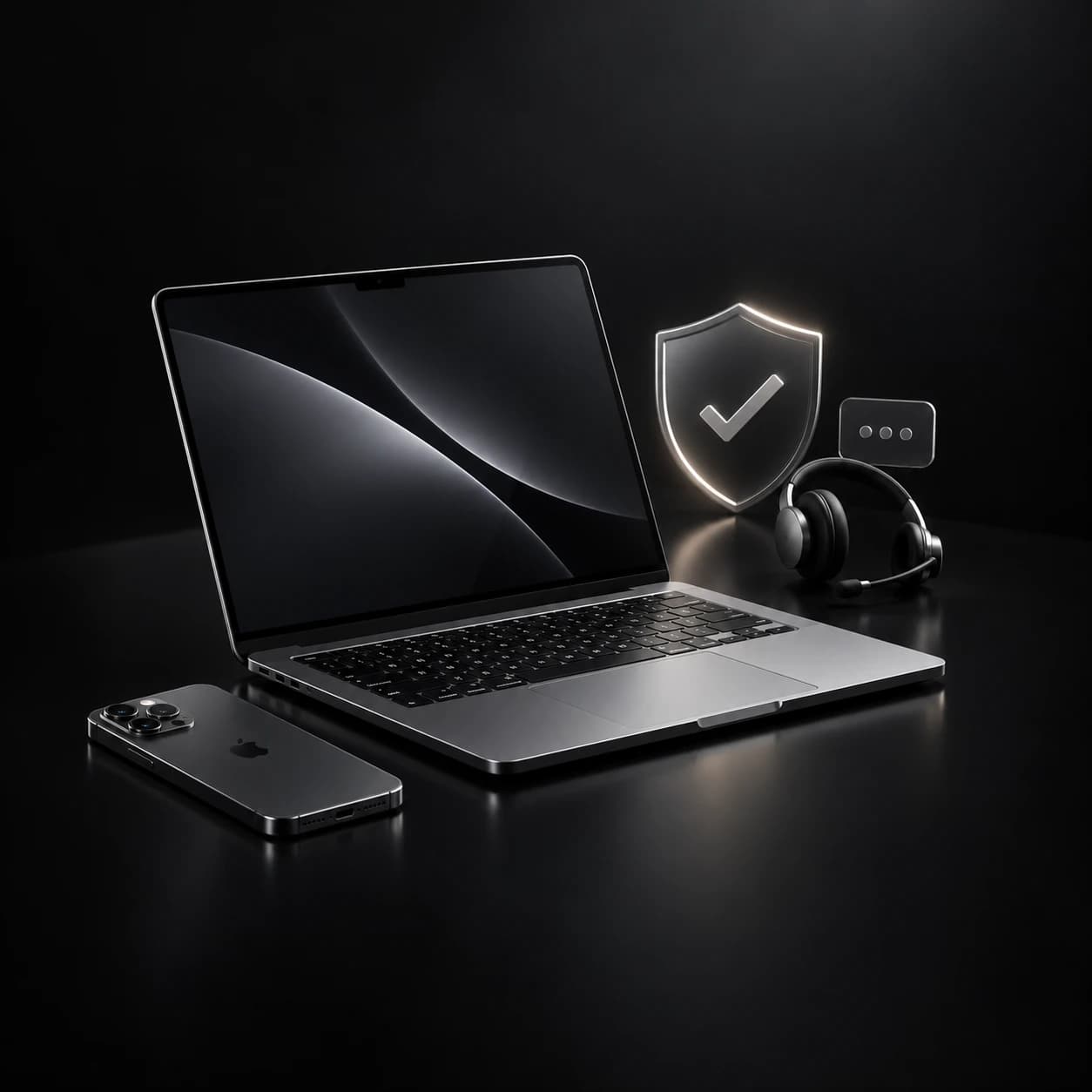 MacBook และ iPhone คู่กับสัญลักษณ์การรับประกันและหูฟังทีมดูแลลูกค้า