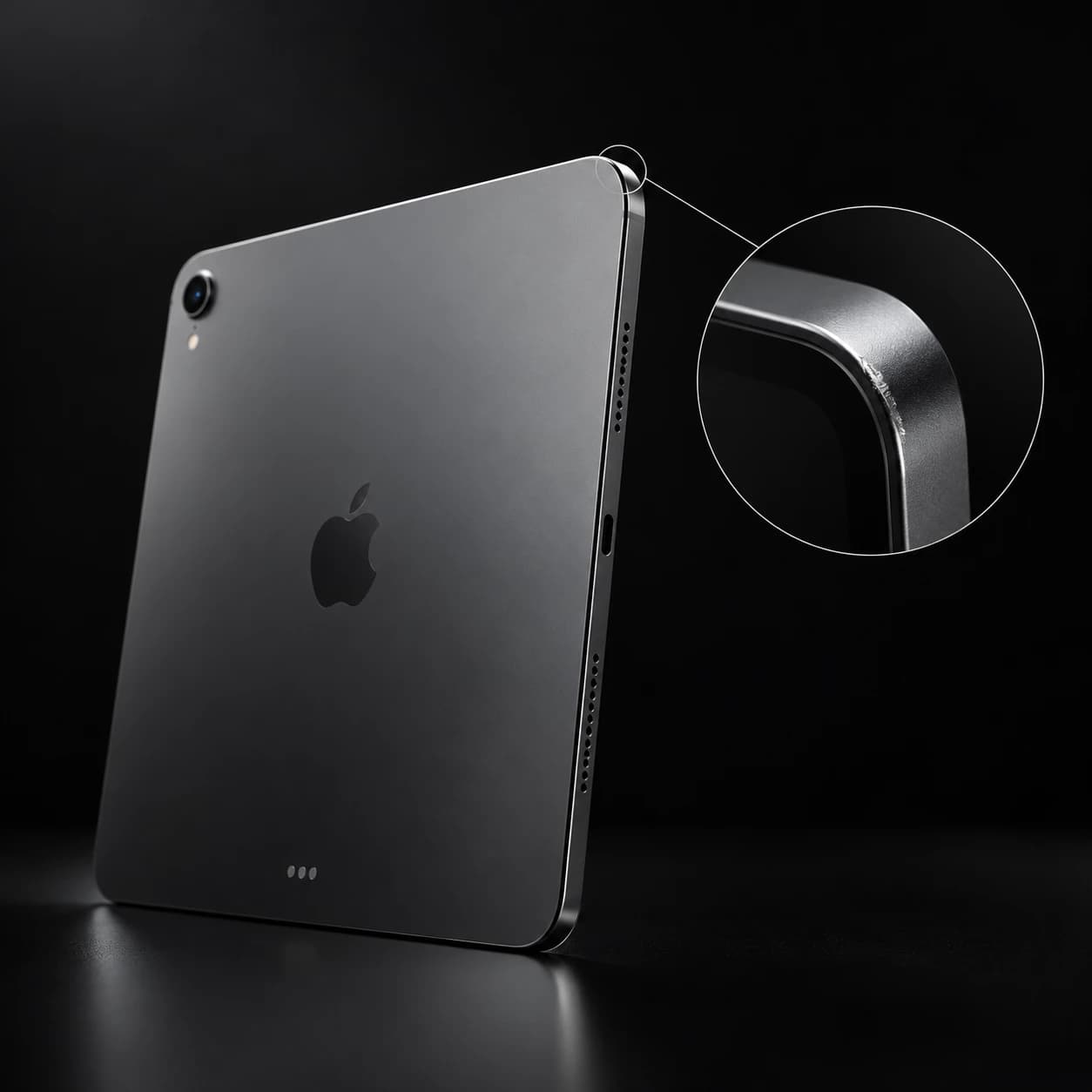iPad ด้านหลัง พร้อมภาพขยายรอยที่มุมเครื่องให้เห็นชัด